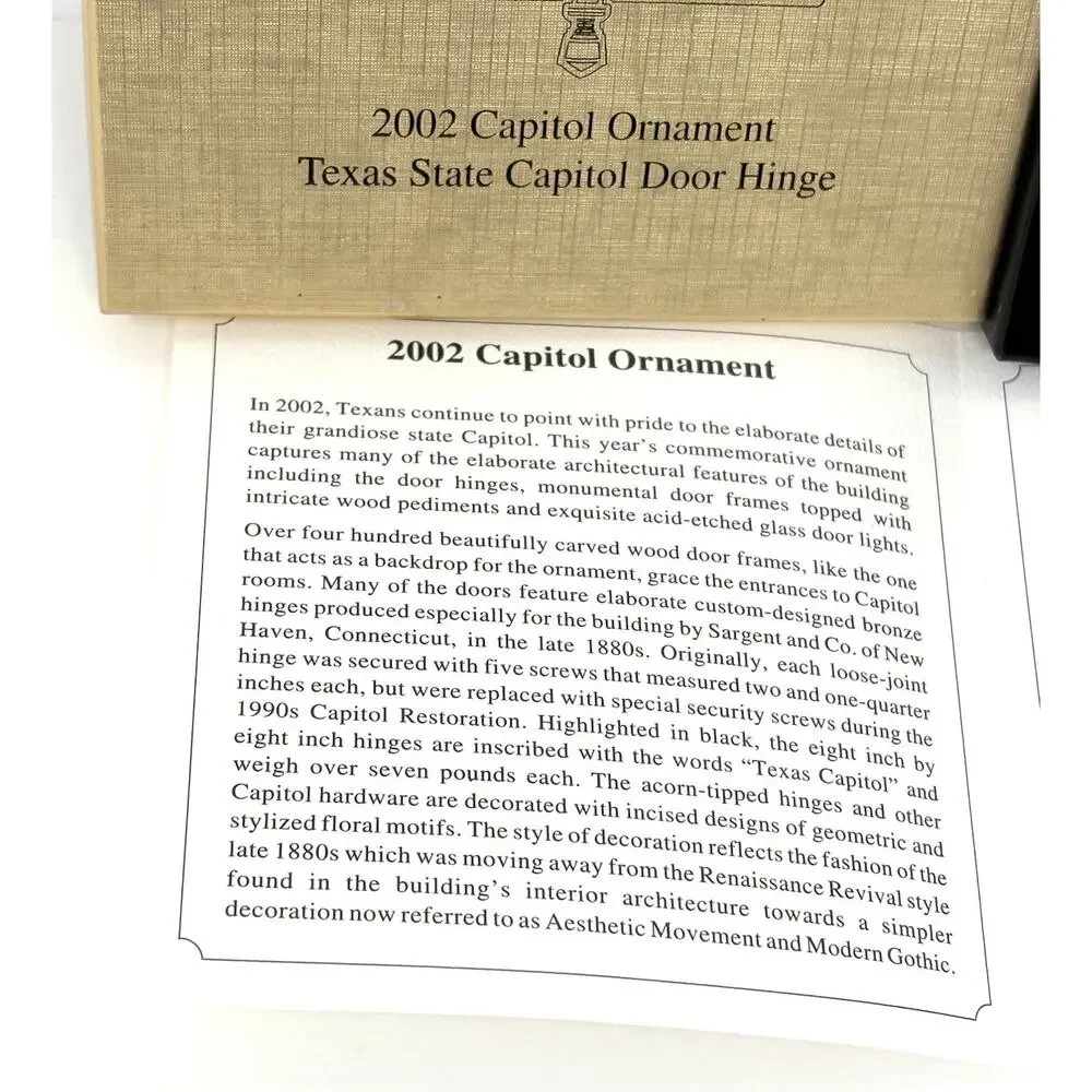 2002 Texas State Capitol Door Hinge Christmas Ornament Box Pamphlet Included